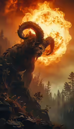 there is a demon flying by a bonfire