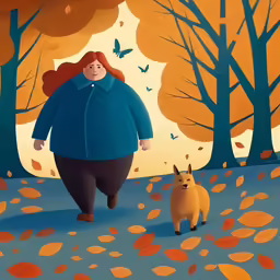 woman in blue coat and dog under trees