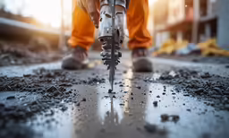 a person walking on top of a pavement using a small drill