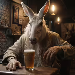 a man holding a drink next to a donkey