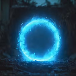 a blue ring that is glowing inside a room