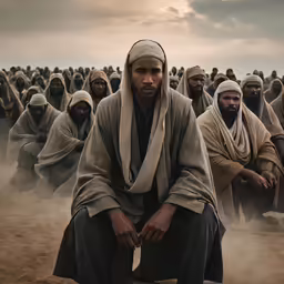 a group of men sitting next to each other in front of clouds