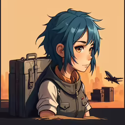 an anime boy is standing by some luggage