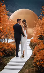 a couple in formal dress standing on white steps surrounded by orange flowers