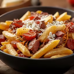 a meal of pasta and meat with cheese