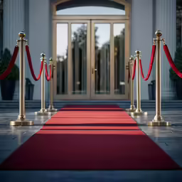 red carpet with rope and gates leading into an entrance