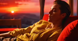 a woman sitting in a red chair at night,the woman is sitting on the red couch while looking into the distance