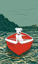 a cartoon dog sitting on a small boat in the water,a dog is sitting in a red boat in a body of water