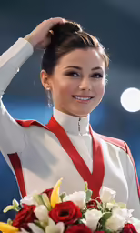 the athlete puts on her red ribbon for the ceremony