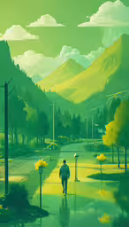 a man is walking alone in the rain,a person walking down a street next to green mountains
