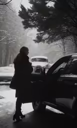 a woman standing next to a parked car in snow