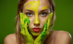a young woman is holding her hands up to her face with green paint on her hands