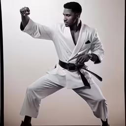 a man in black and white outfit doing karate