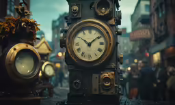 an antique clock in front of a sidewalk