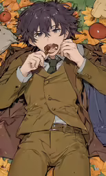 anime character sitting down in a pile of fall leaves