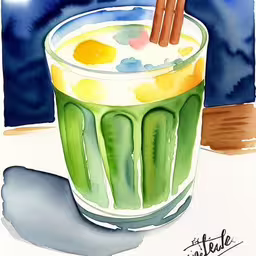 a green liquid with two sticks sticking out of it,watercolor illustration of green, blue and yellow drink