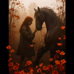 a person standing next to a horse in the woods