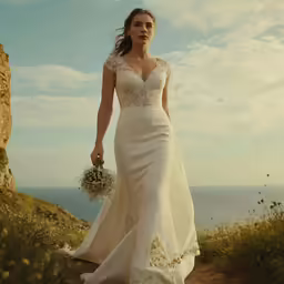 a woman in a dress standing near a cliff with a bouquet