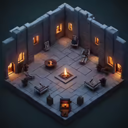 a courtyard with firepit, chair, couches, and lights