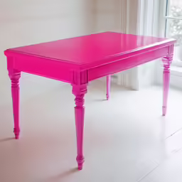 this is a bright pink wooden table in front of a window