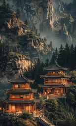 the mountains rise above the pagodas with lights on them