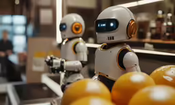 robot standing with an orange near other oranges