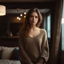 a woman standing on top of a bed in a bedroom