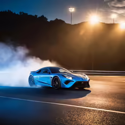 the blue car is driving down the road
