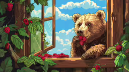 a bear is standing on his hind legs in the window,there is a bear standing on the window sill and eating raspberries