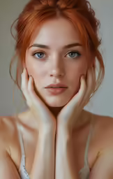 a young red haired woman with a white bra top