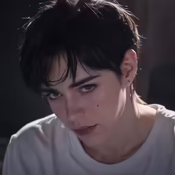 the young man with dark hair stares intently at the camera