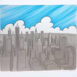 a drawing of a city that is very tall,a drawing of a cityscape that looks like the top of a building