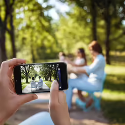 people sitting in park with trees and benches taking pictures of each other