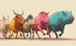 some cows are running in a group and one is very different color