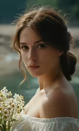 a woman with flowers in her hair posing