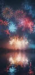 a view of a fireworks display and its reflection in the water