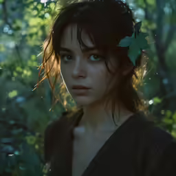 a girl is standing in the forest with leaves on her head