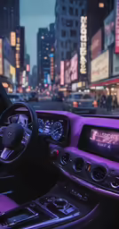 view from inside a car with city in the background