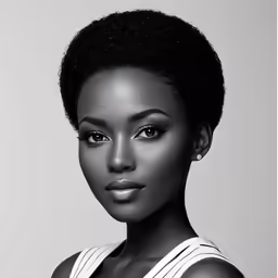 a woman wearing black and white looks at the camera