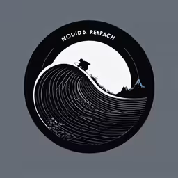 a circular black and white painting with the words houdia & rem - c,a person riding a surfboard on a wave with the words holid & reach