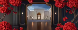 an open door to an elegant hallway with red flowers on the tree