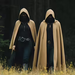 two women with hooded capes walking through tall grass