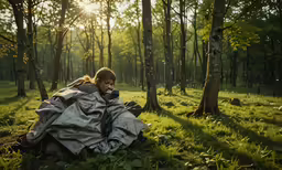 a woman wrapped in a blanket sits on the grass