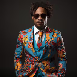 a man with dreadlocks in a brightly colored suit,a man wearing sunglasses, suit and shirt has his hands in his pockets