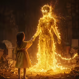 a little girl in a dress reaching for a glowing statue