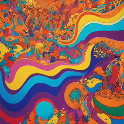 an abstract colorful background with lots of people,a psychedelic painting of many colors and shapes