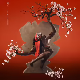 there is a sculpture that appears to be a tree and two woman with red head coverings