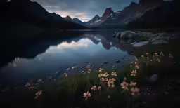 the moon is rising over a mountain lake