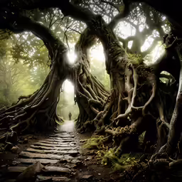 a path running through the middle of an area that is surrounded by large trees and stepping stones