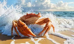 a crab is covered in water on the beach